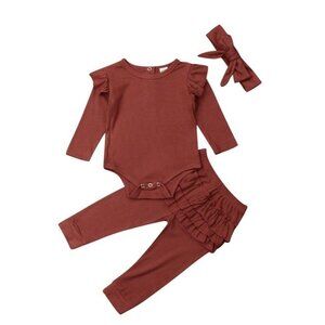 Baby Girl New 6 Months Ruffled Deep Red 3 Piece Pant Romper and Bow Outfit 6M